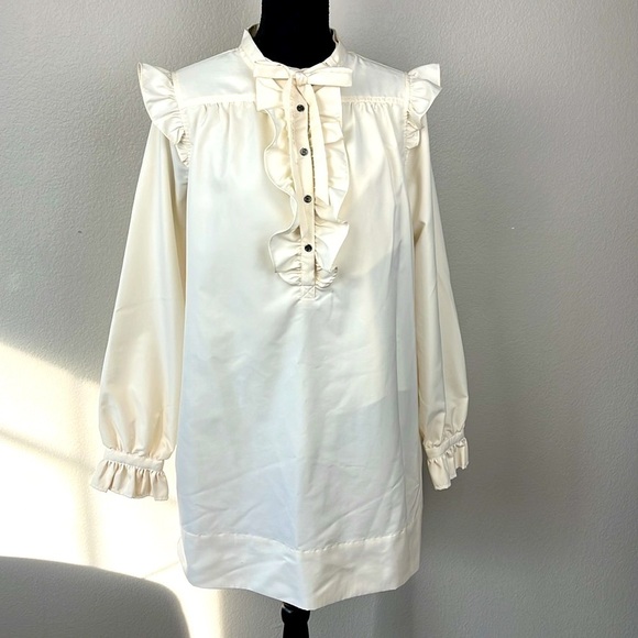 LDT Dresses & Skirts - LDT Francesca Dress Ruffles Long Sleeve High Tie Collar Pockets Shift Ivory 8